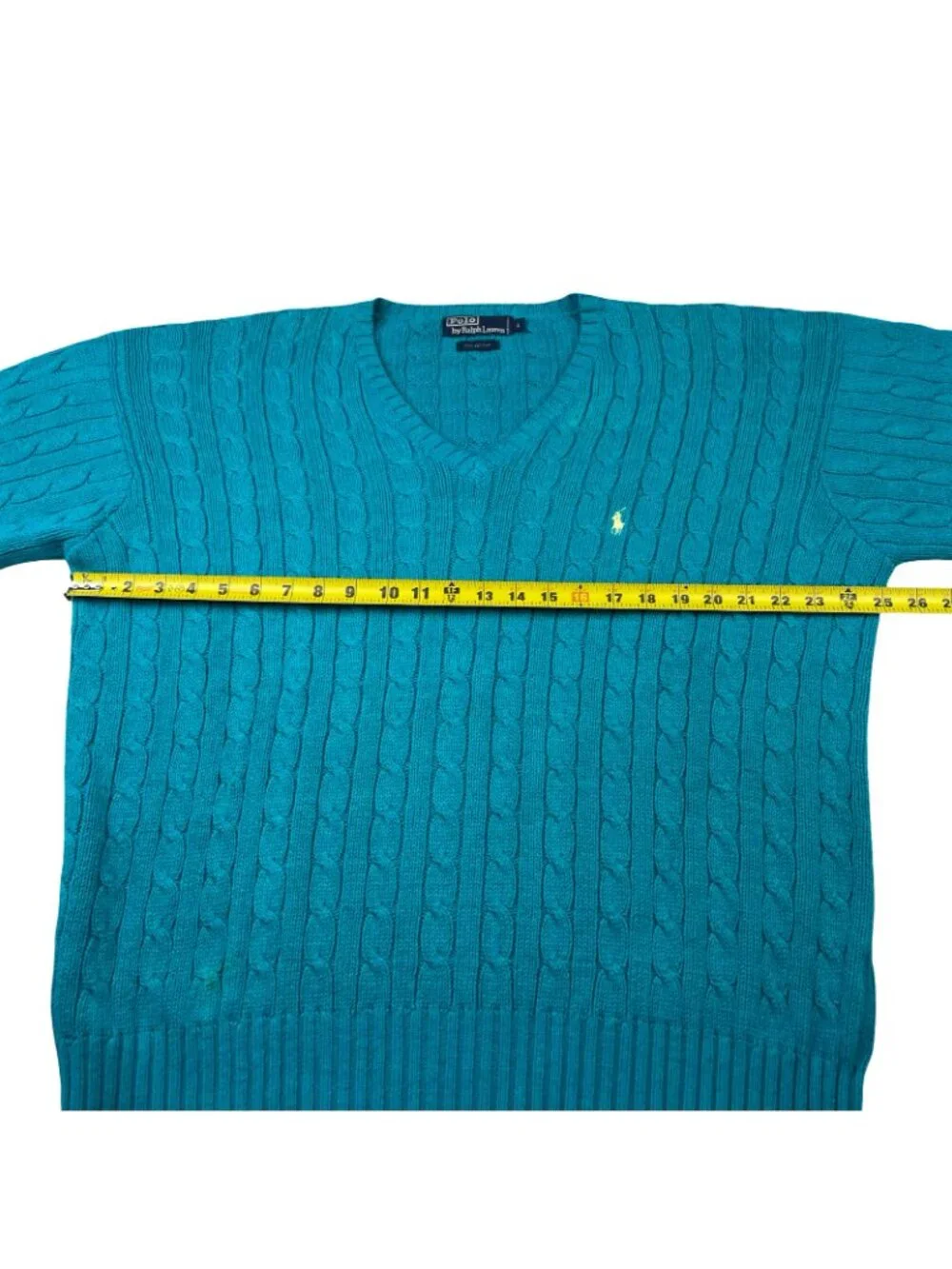 VTG Polo Ralph Lauren Men's 100% Cotton Cable-Knit V-Neck Sweater Teal • Large